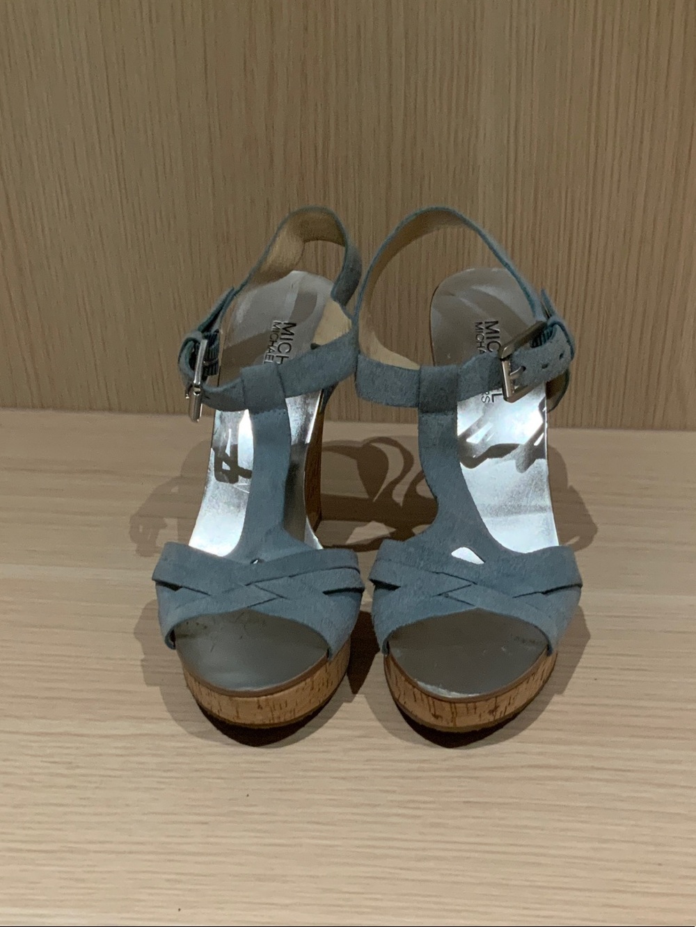 MICHAEL Michael Kors Light Blue Suede Cork Wedge Sandals - Picture 2 of 6